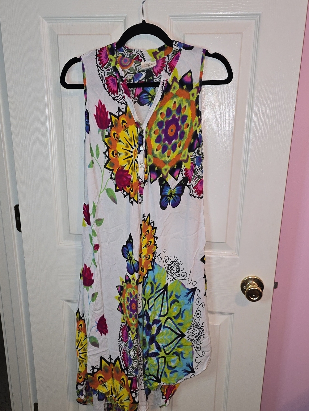 White Sleeveless Midi Dress with Bright Floral & Butterfly Print